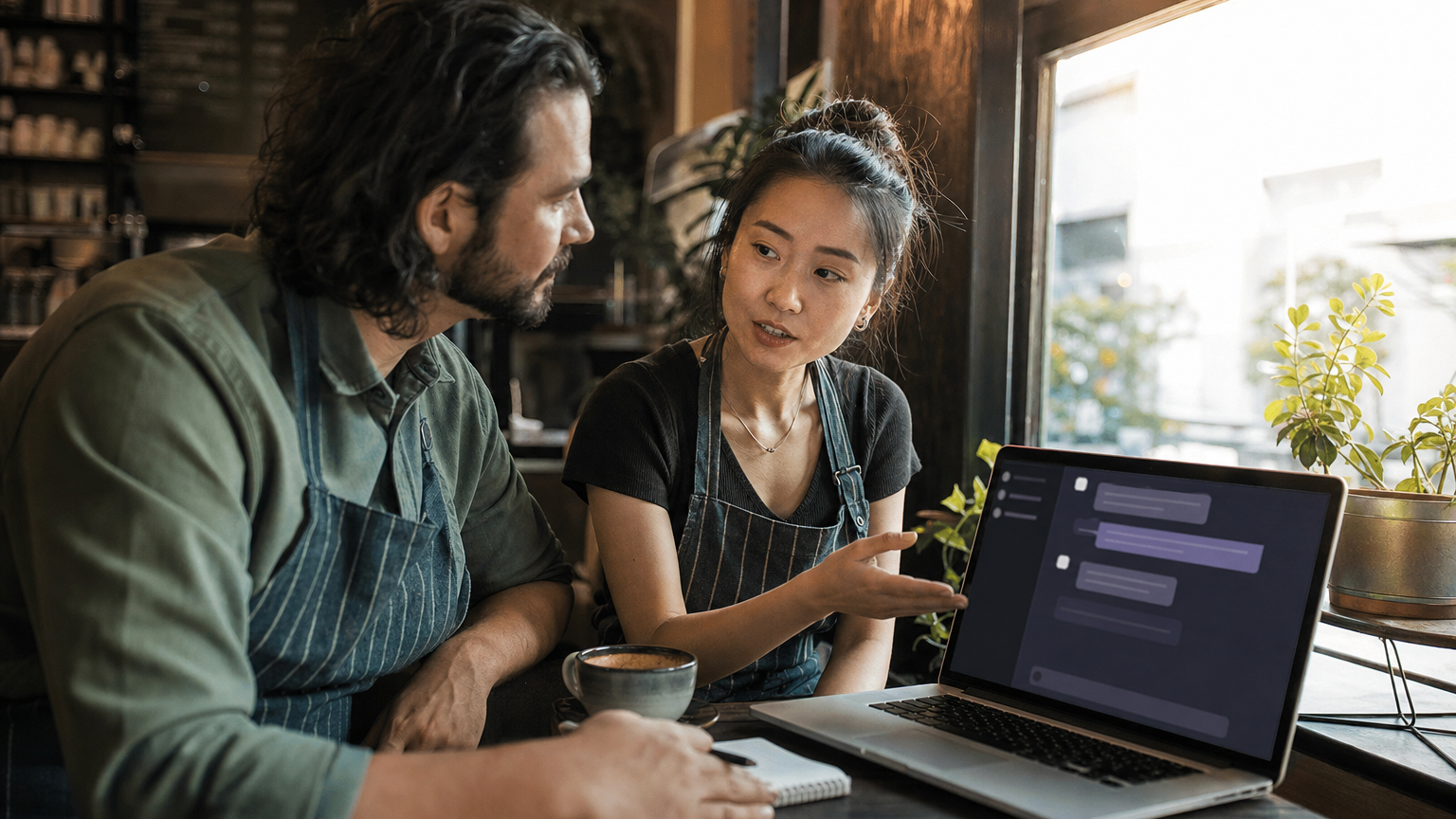 Two hospitality business owners comparing AI search answers on a laptop