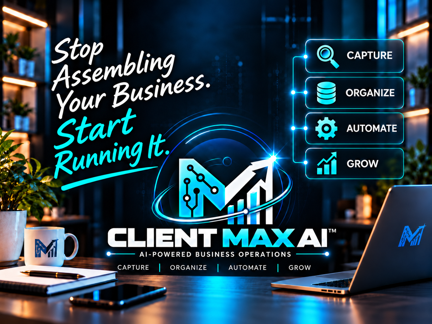 Client Max AI workspace banner: stop assembling your business, start running it