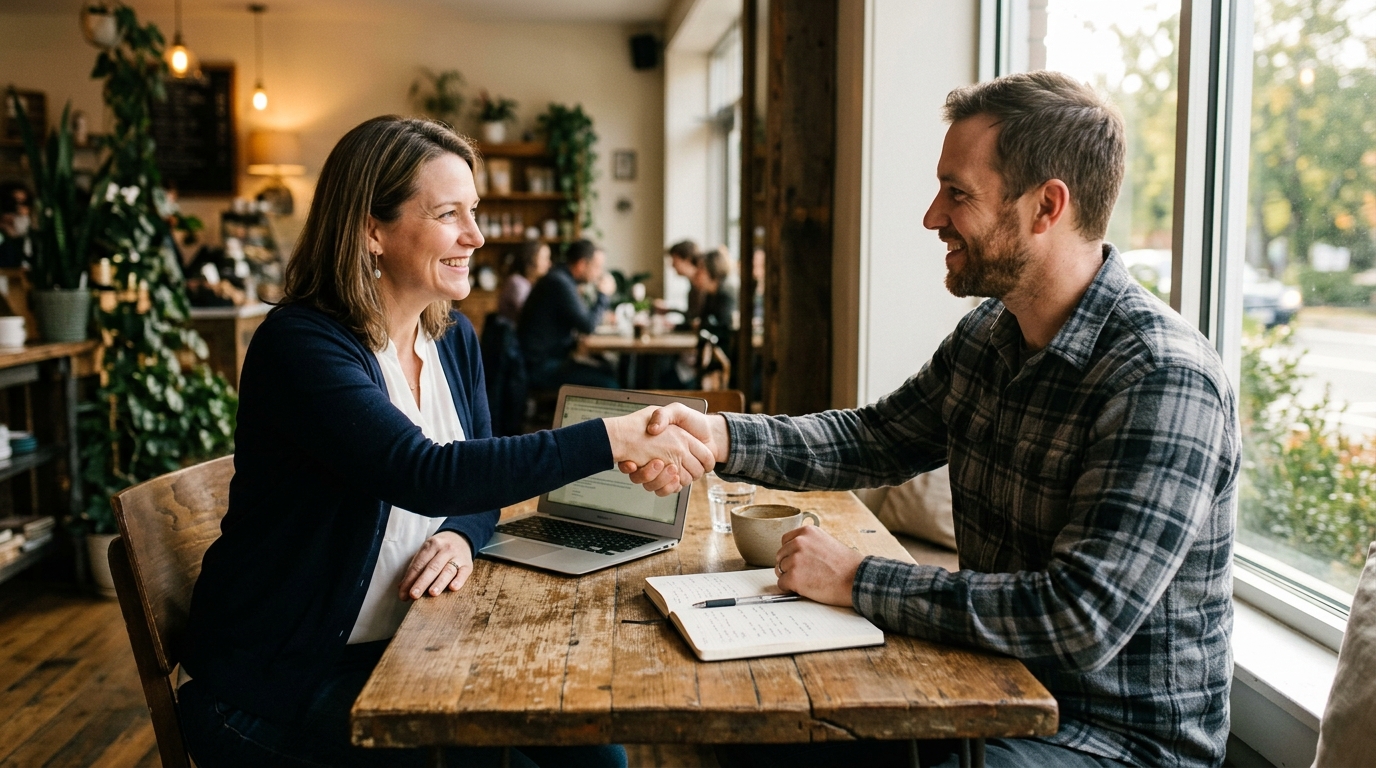 Two business owners shaking hands after reaching an agreement over coffee