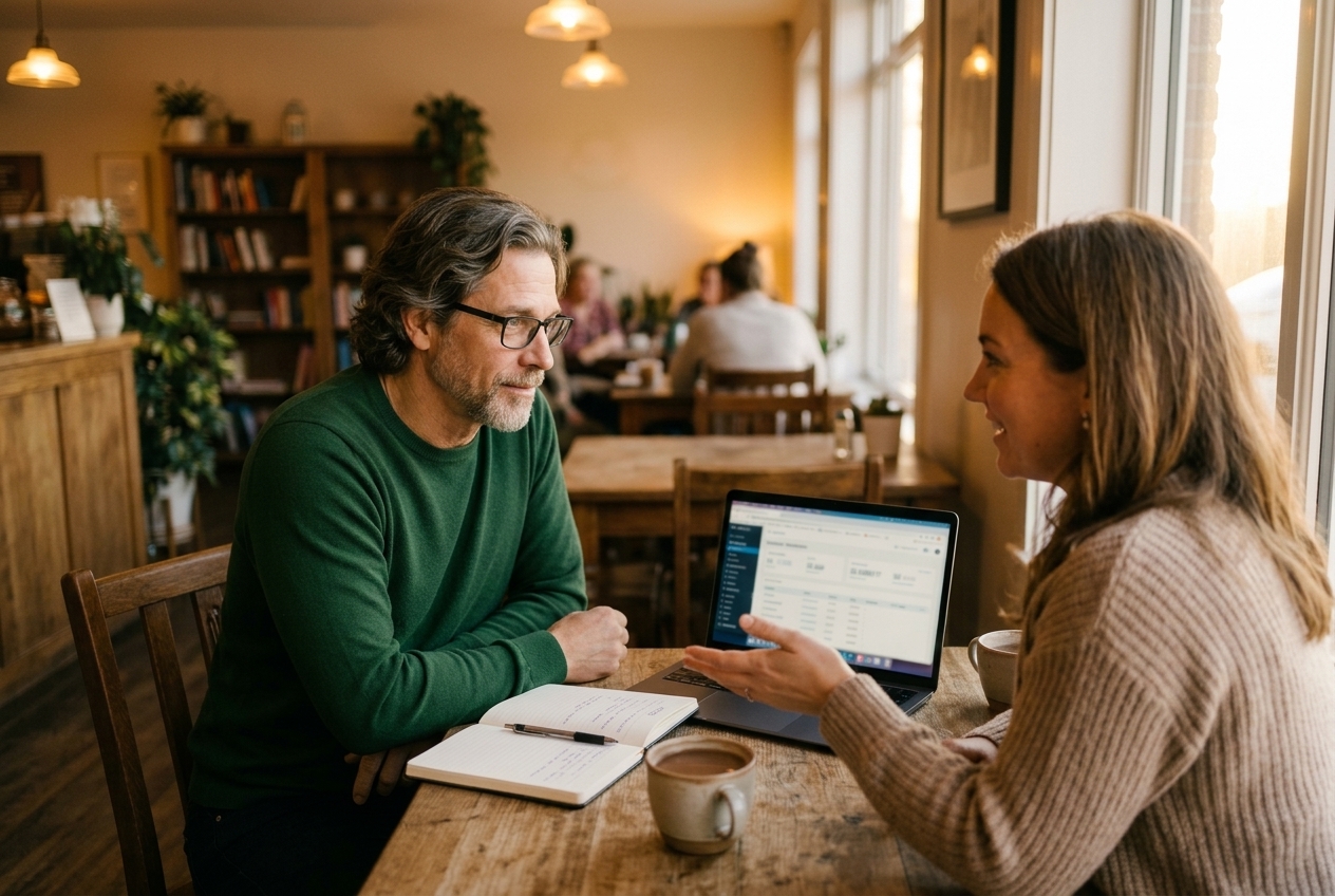 Consultant walking a client through a business dashboard at a wooden table